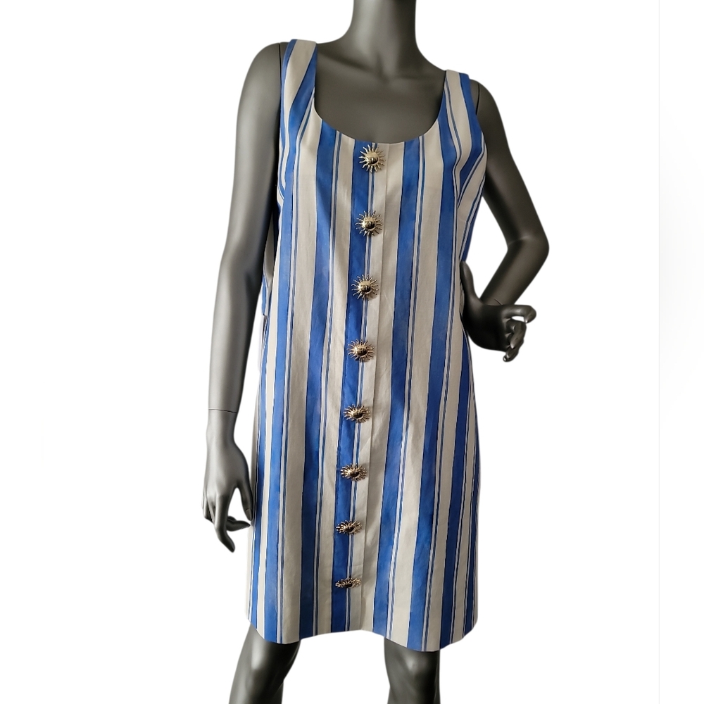 Blue and White Striped Mini Dress with Decorative Buttons